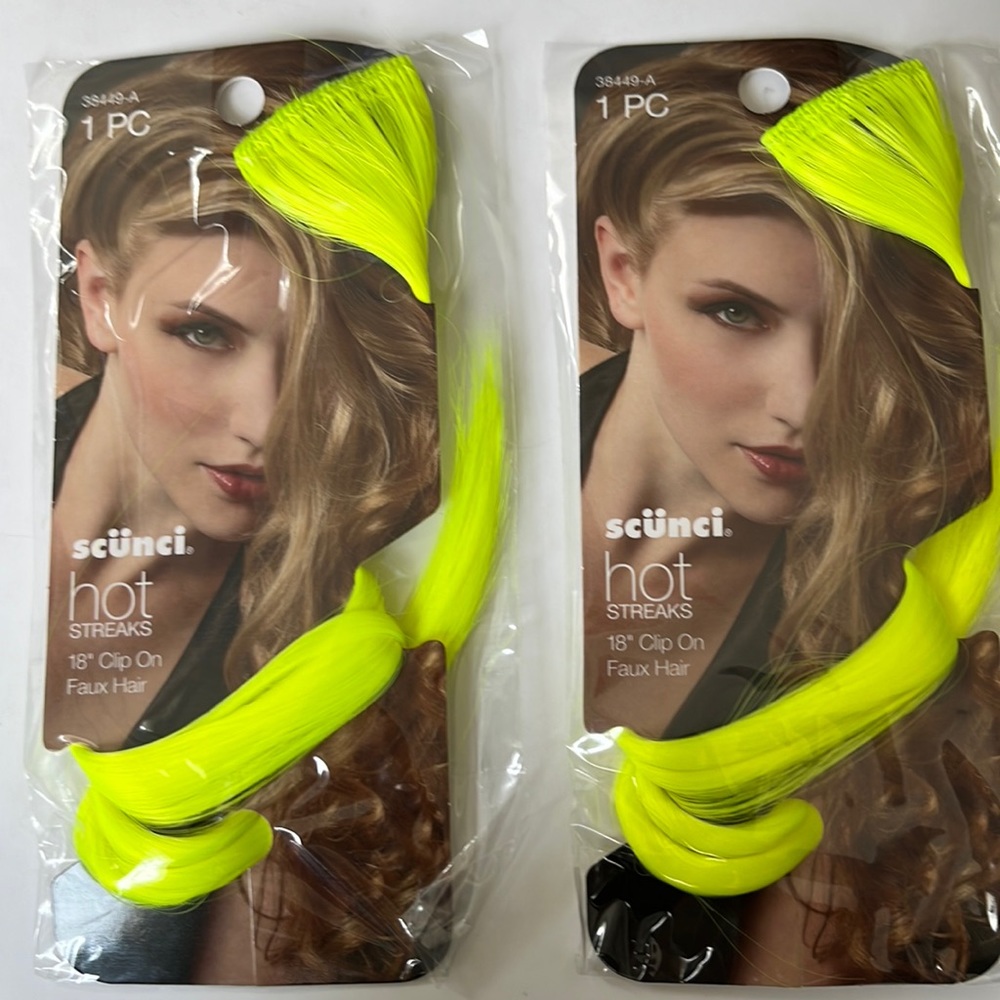 NWT Set of Two 18 inch “hot streaks” neon highlighter yellow hair extensions